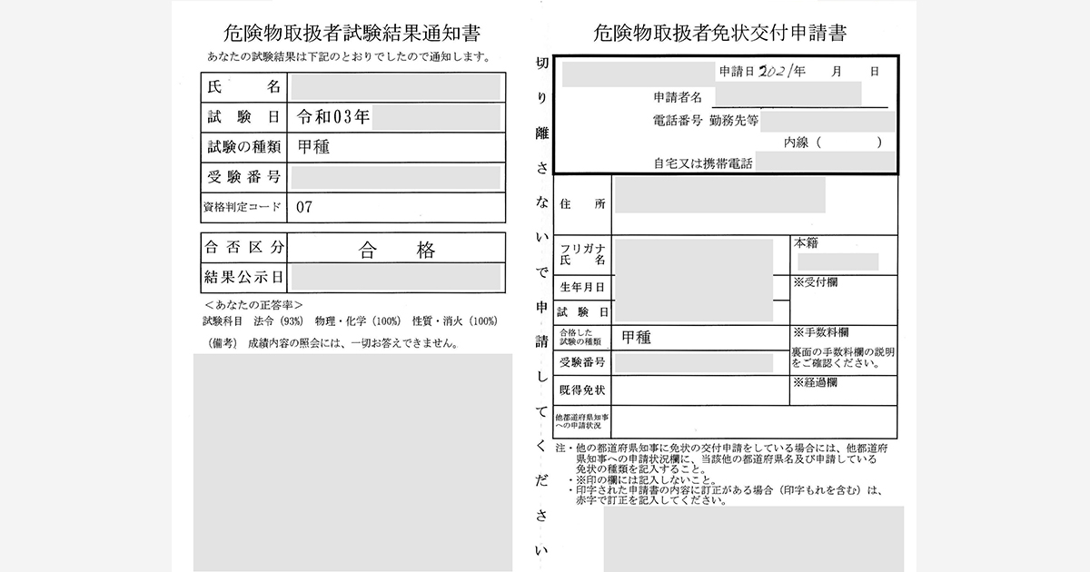 危険物取扱者試験結果通知書、合格ハガキ